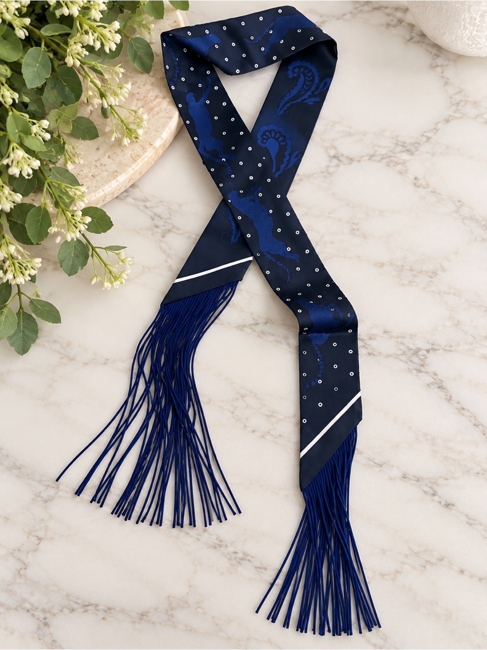 Navy Blue Paisley Animal Print Skinny Scarf with Fringe Tassels